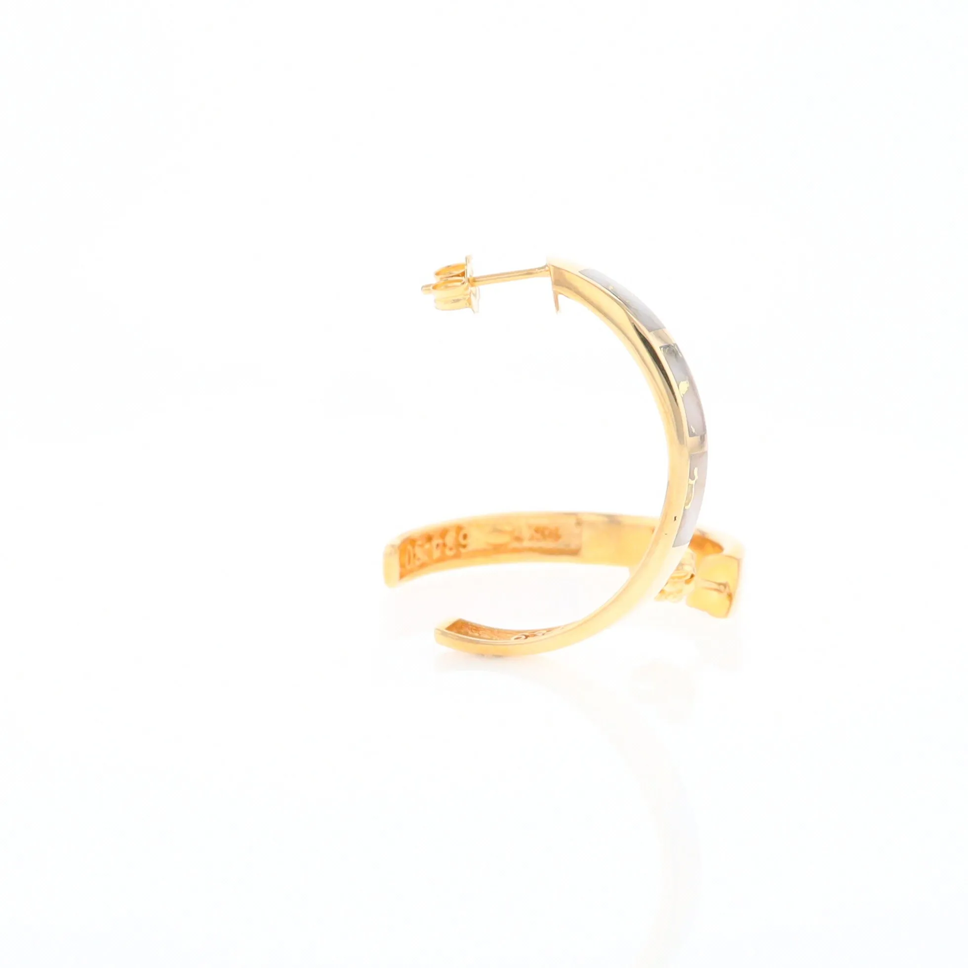 Gold Quartz Hoop Earrings 3 Section Inlaid Design