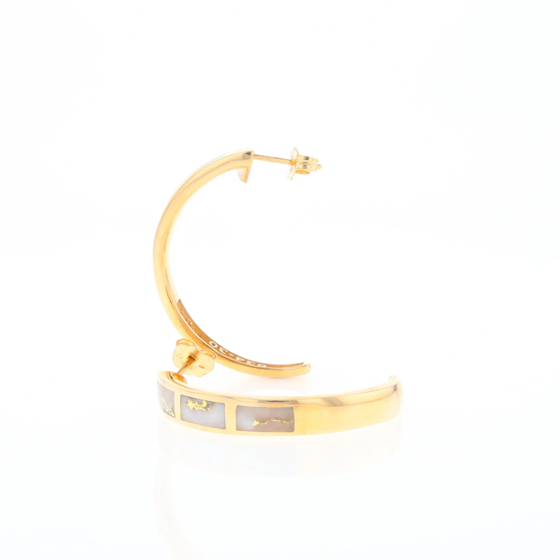 Gold Quartz Hoop Earrings 3 Section Inlaid Design