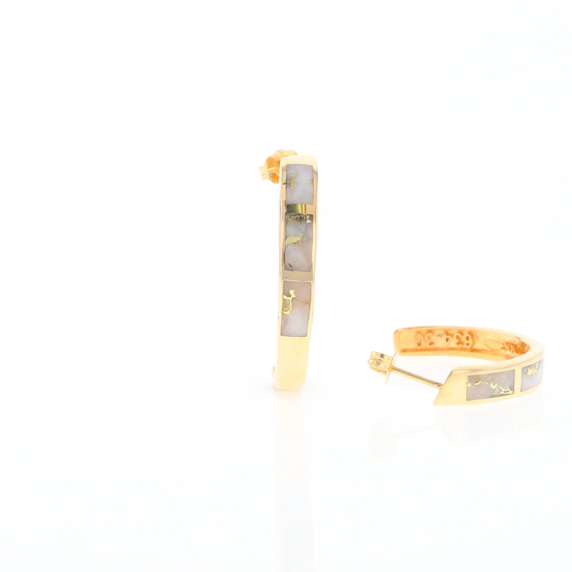 Gold Quartz Hoop Earrings 3 Section Inlaid Design