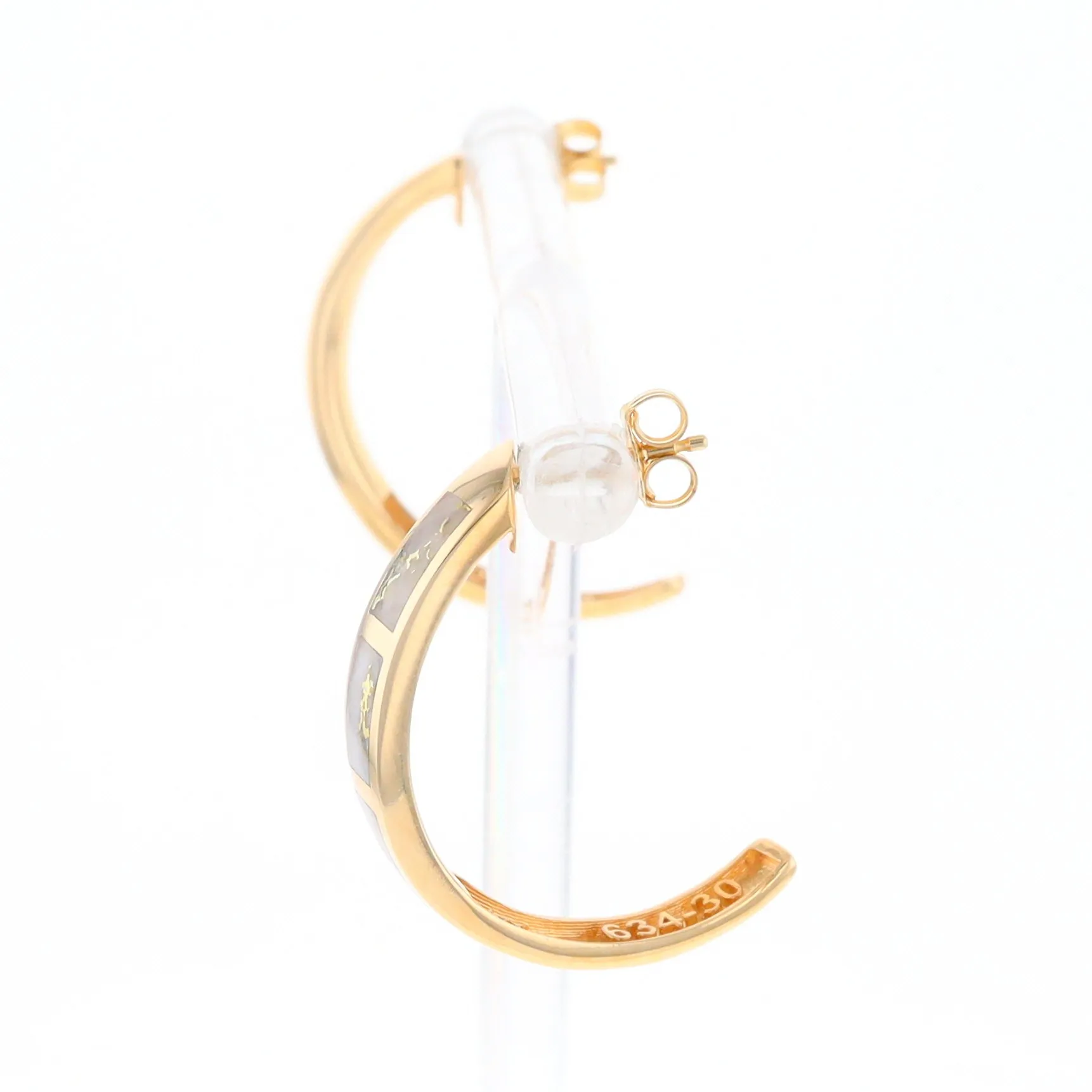 Gold Quartz Hoop Earrings 3 Section Inlaid Design