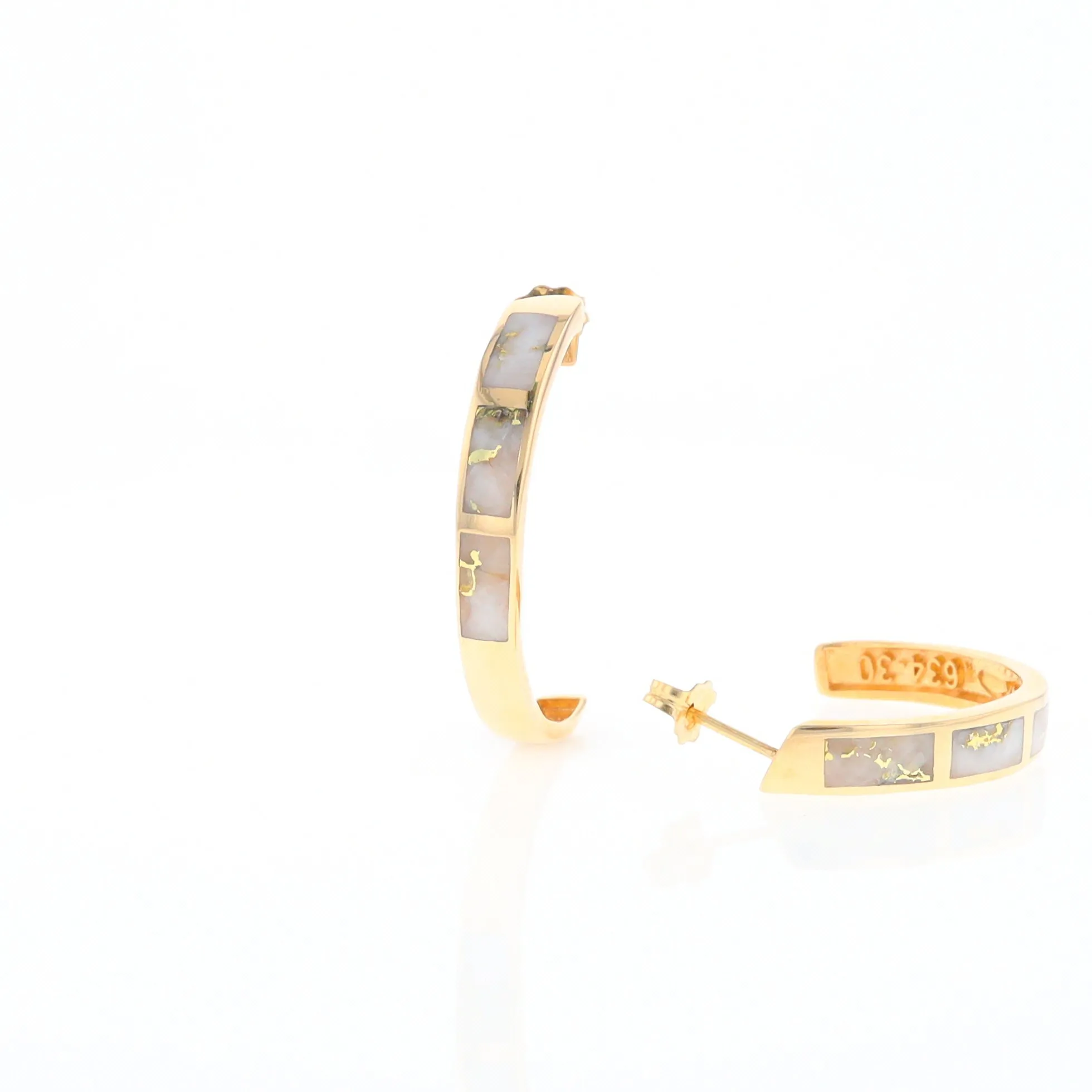 Gold Quartz Hoop Earrings 3 Section Inlaid Design