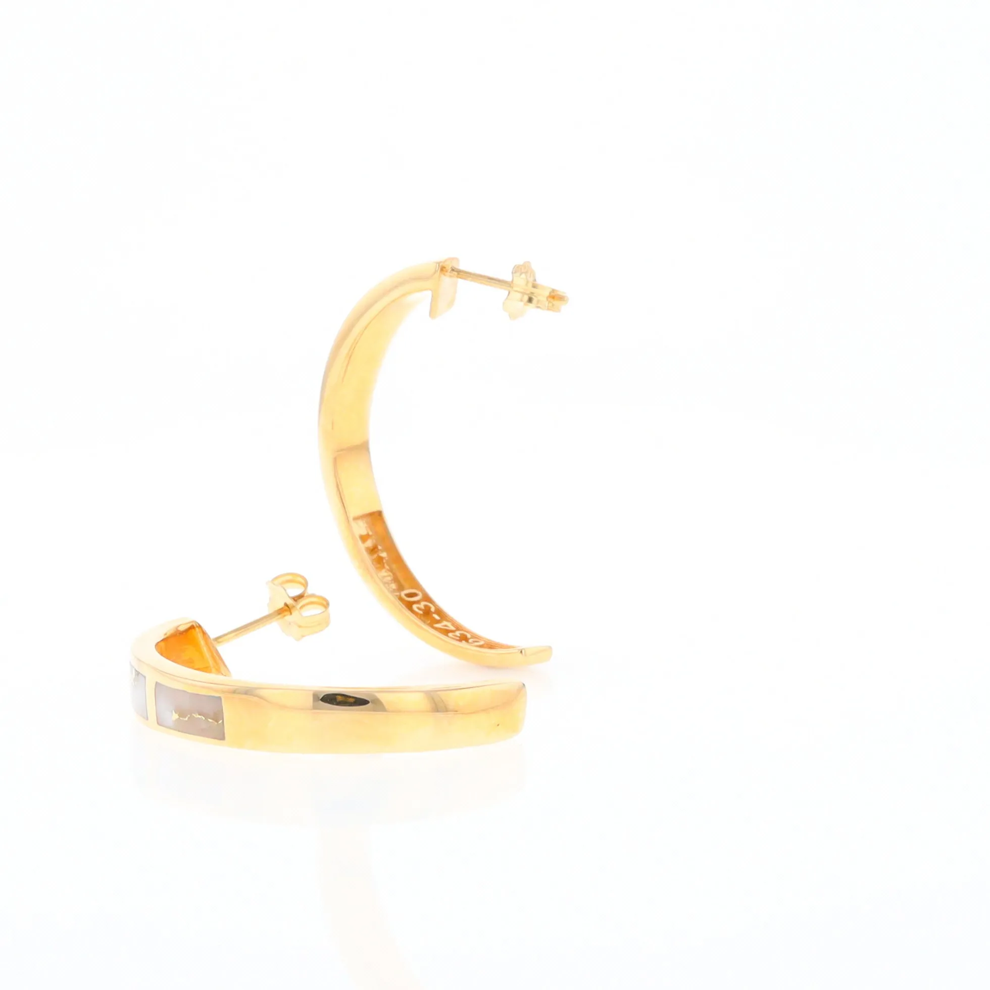 Gold Quartz Hoop Earrings 3 Section Inlaid Design