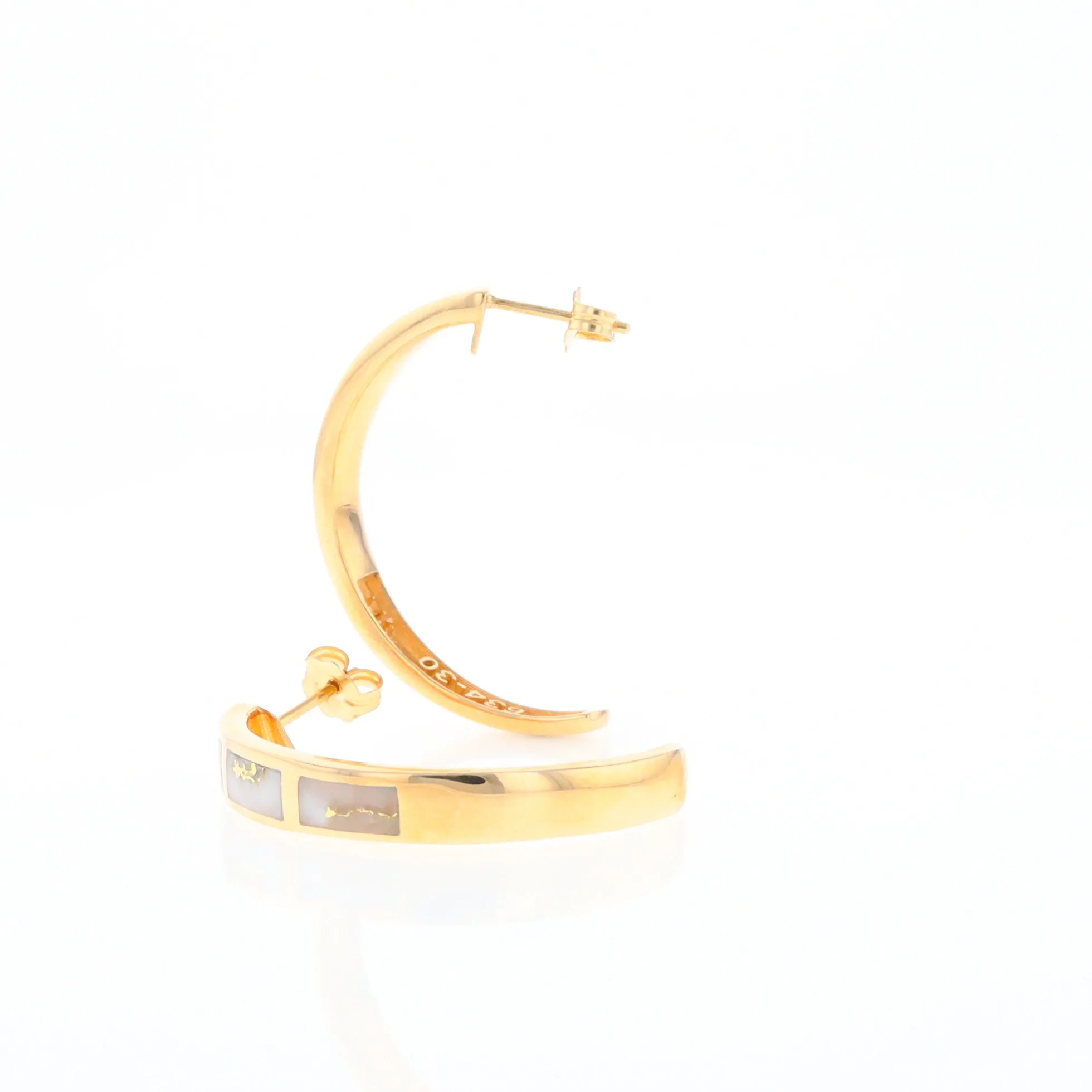Gold Quartz Hoop Earrings 3 Section Inlaid Design