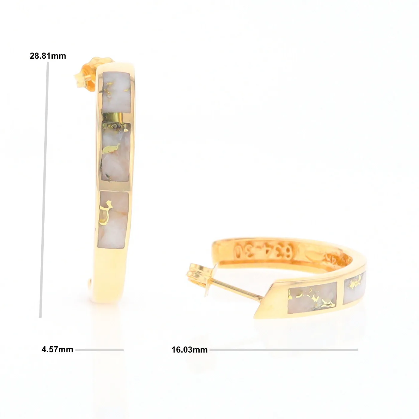 Gold Quartz Hoop Earrings 3 Section Inlaid Design