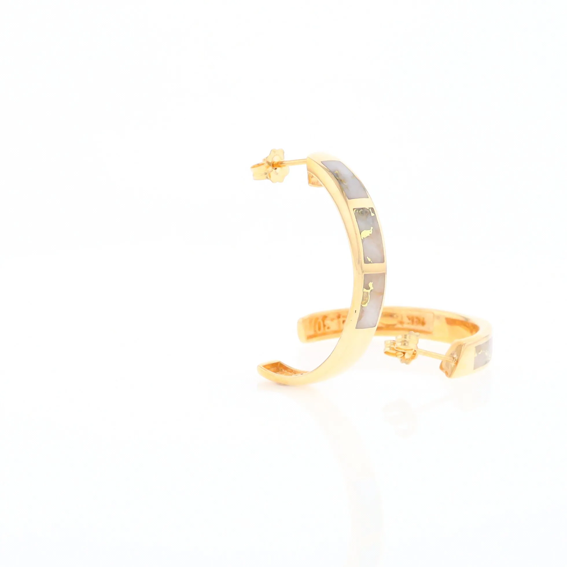 Gold Quartz Hoop Earrings 3 Section Inlaid Design