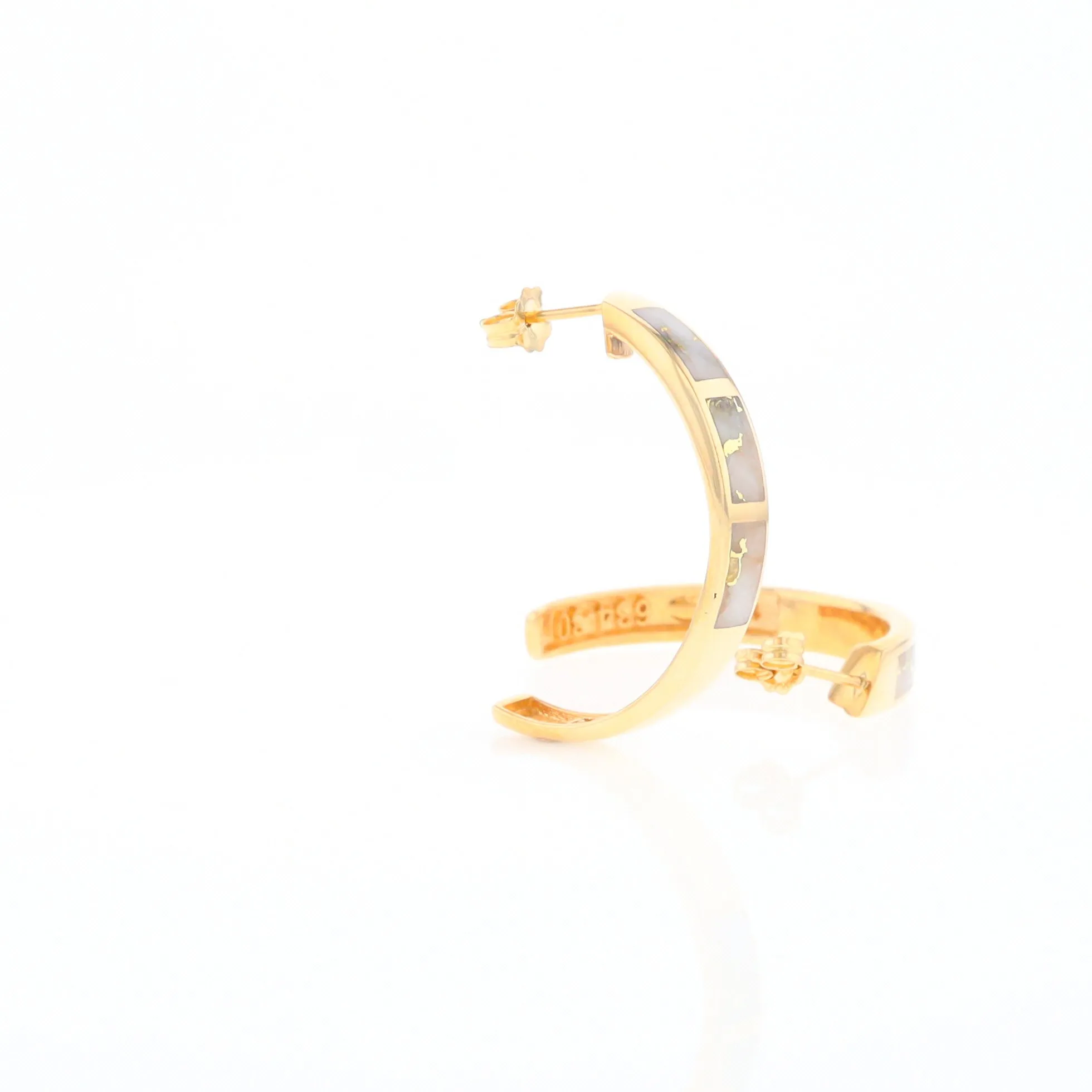 Gold Quartz Hoop Earrings 3 Section Inlaid Design