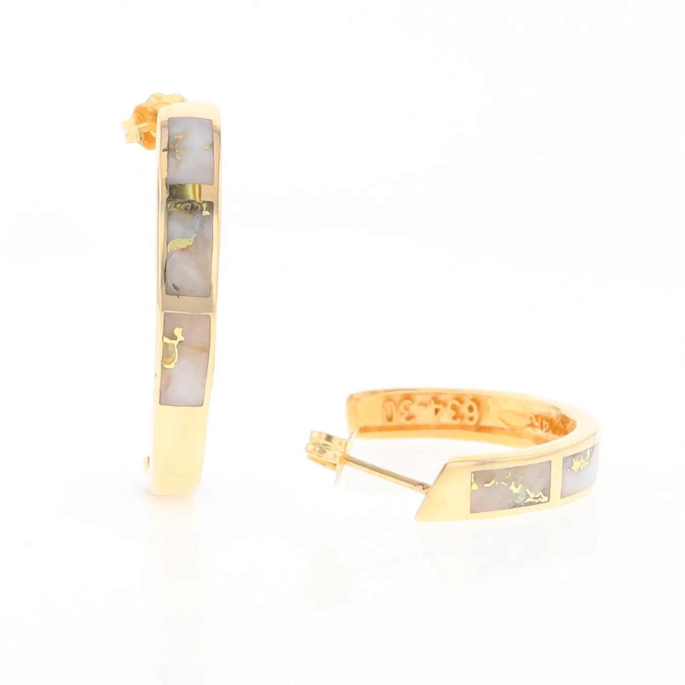Gold Quartz Hoop Earrings 3 Section Inlaid Design