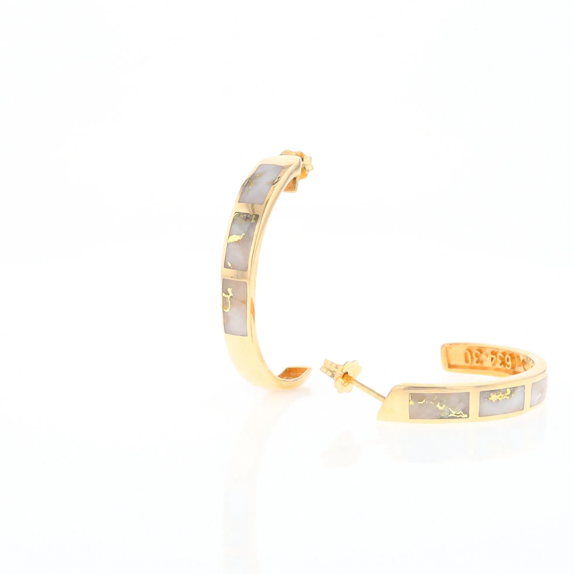 Gold Quartz Hoop Earrings 3 Section Inlaid Design