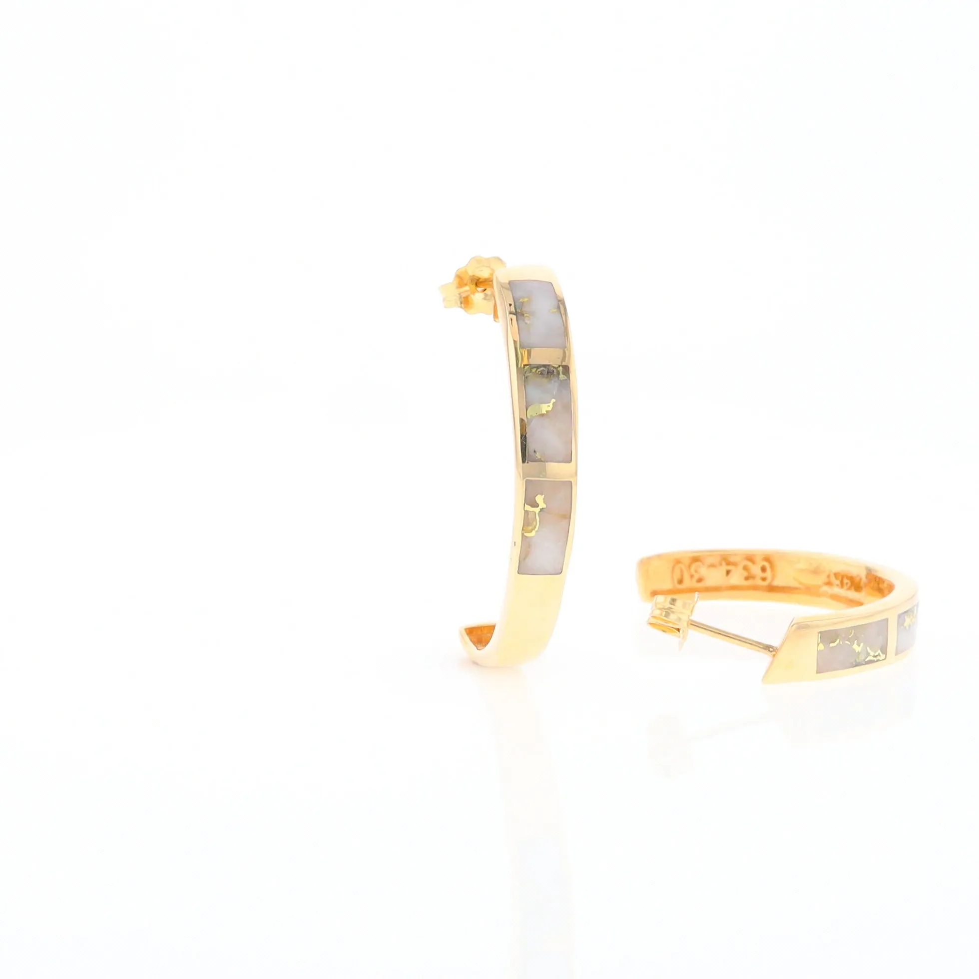Gold Quartz Hoop Earrings 3 Section Inlaid Design