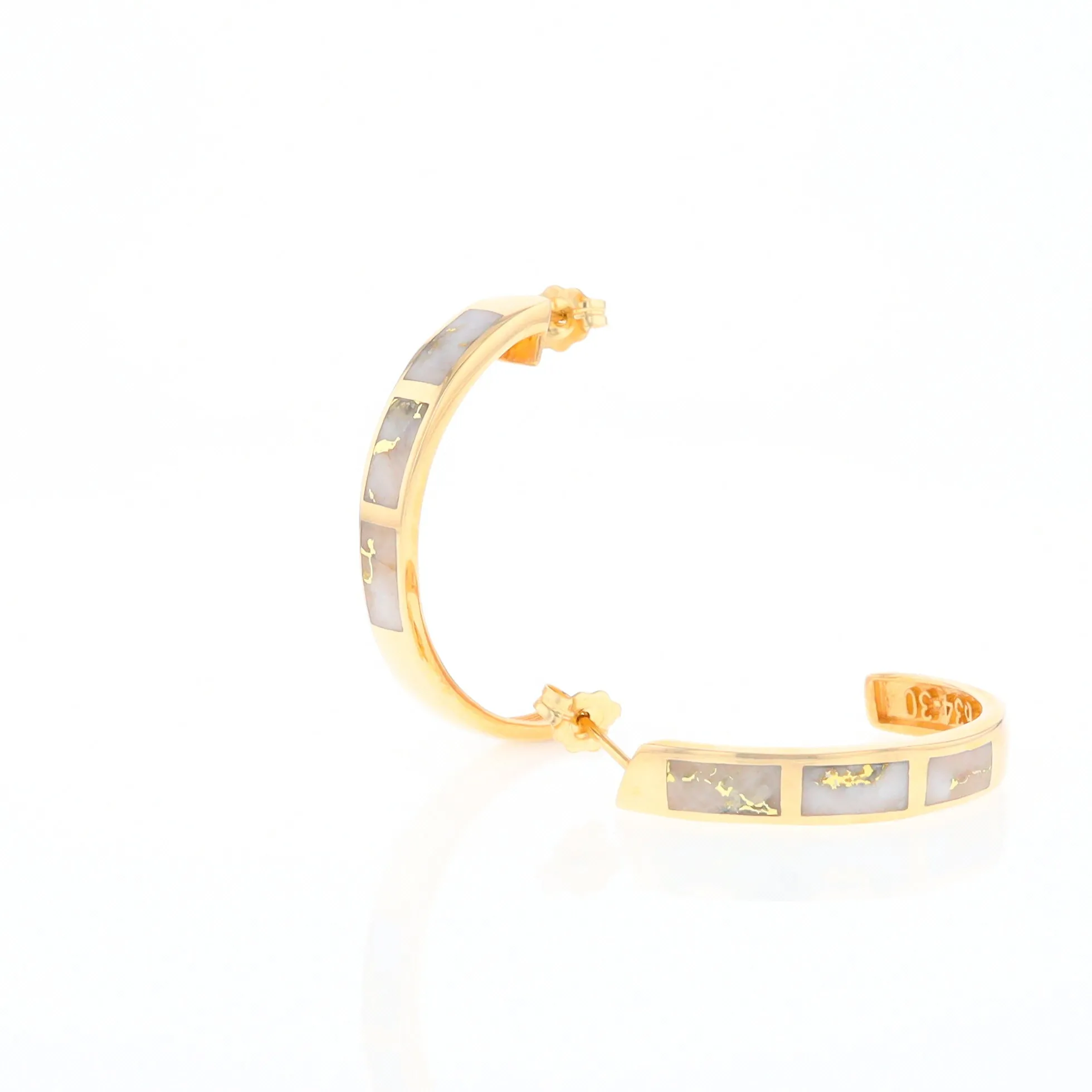 Gold Quartz Hoop Earrings 3 Section Inlaid Design