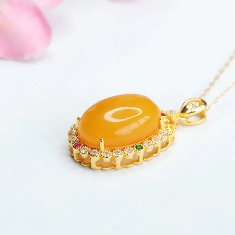 Golden Necklace with Genuine Beeswax Amber Pendant on 925 Sterling Silver Chain