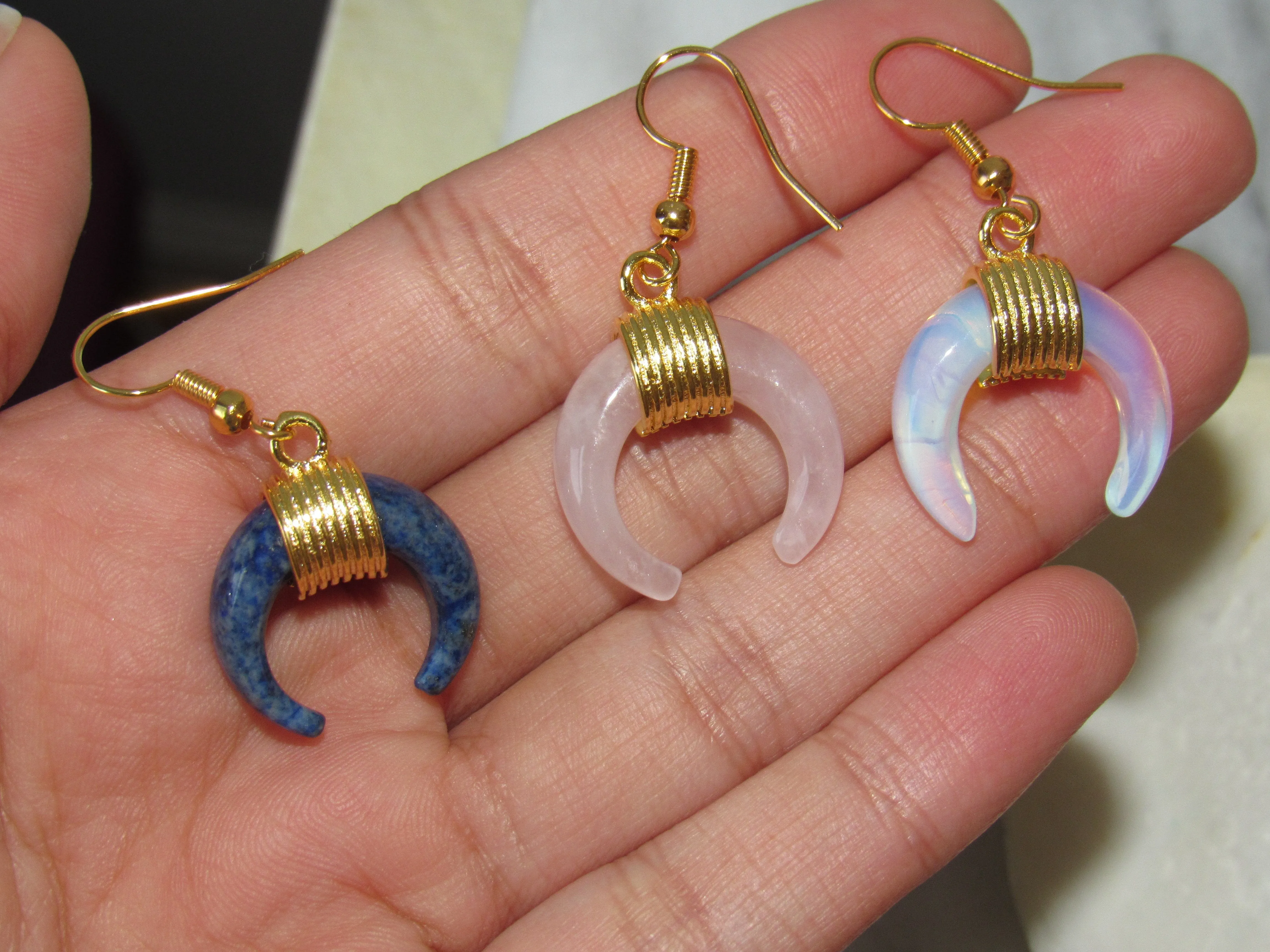 Golden Rose Quartz Moon Earrings