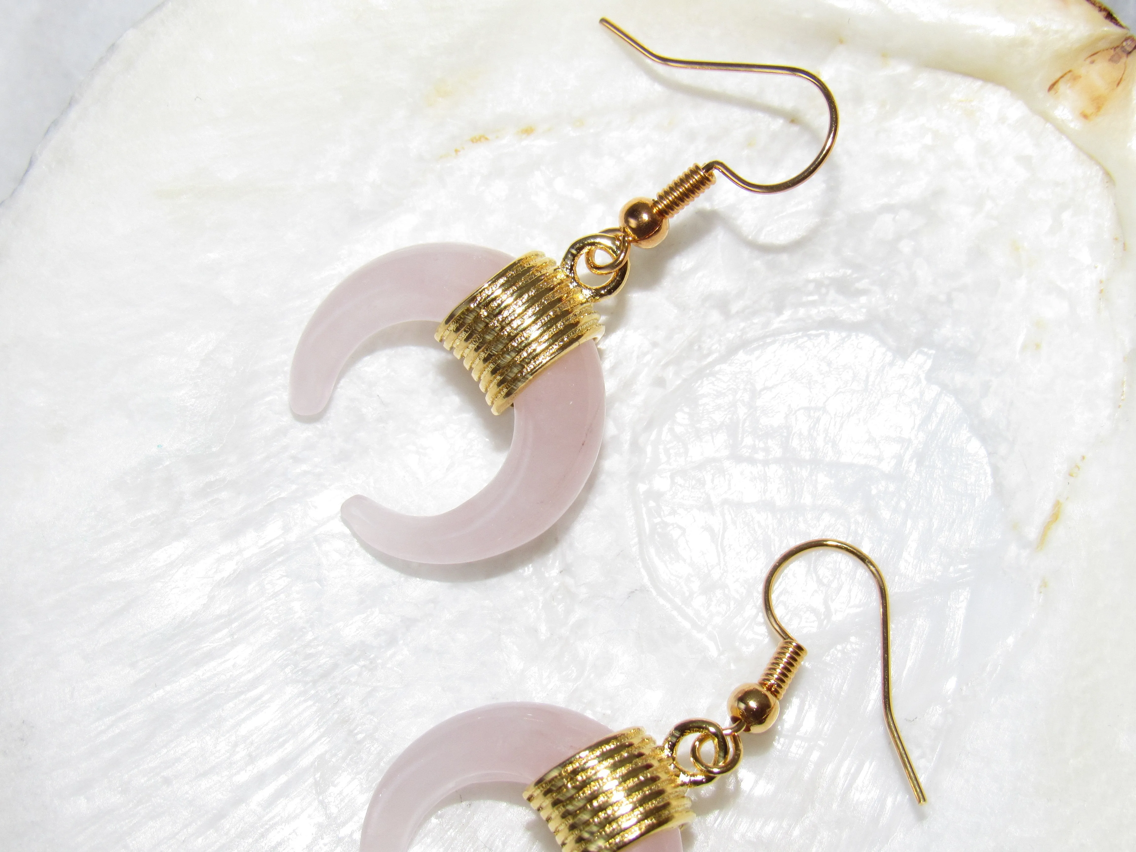 Golden Rose Quartz Moon Earrings