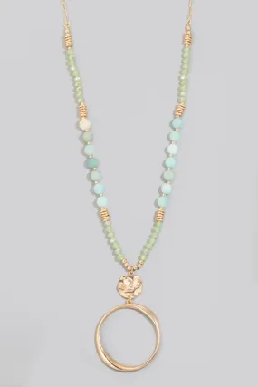 Green Stone & Gold Hoop Long Necklace