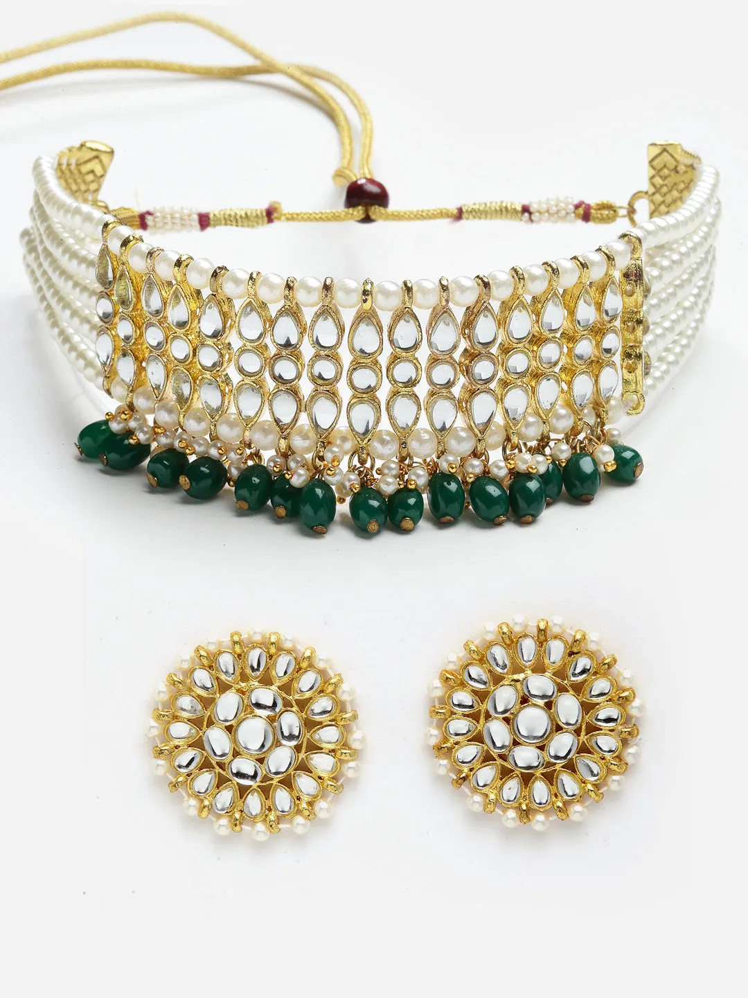 Green Tumble Studded Beaded Kundan Choker Necklace Set