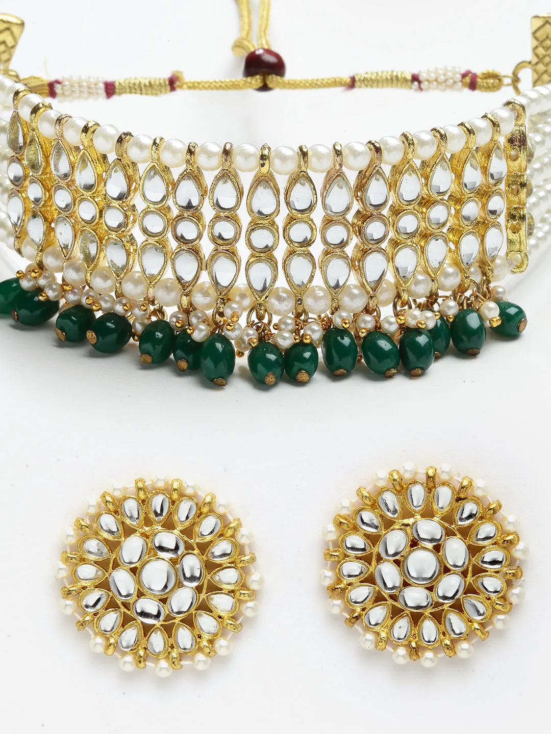 Green Tumble Studded Beaded Kundan Choker Necklace Set