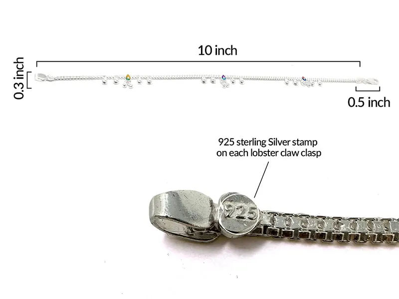 Handmade Indian Pure Sterling Silver 25.51 gm Chain Anklet Payal Gift Set with Multicolor Enamel For Women - Bridal Party Dance Wedding - Duel On Jewel
