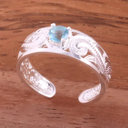 Hawaiian Scroll See Through with Blue Round CZ Toe Ring