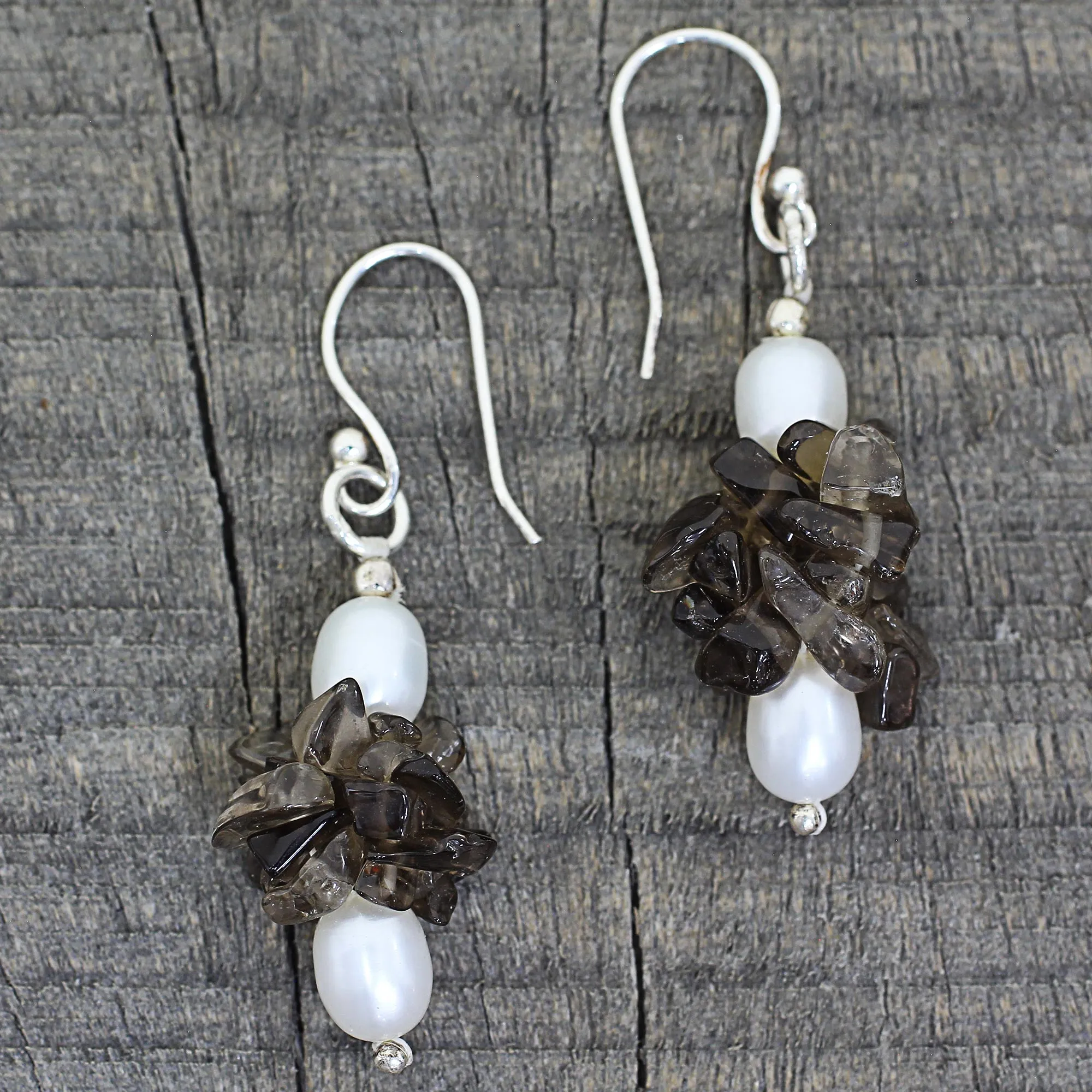 Hazy Moon Smoky Quartz & Pearl Silver Beaded Earrings