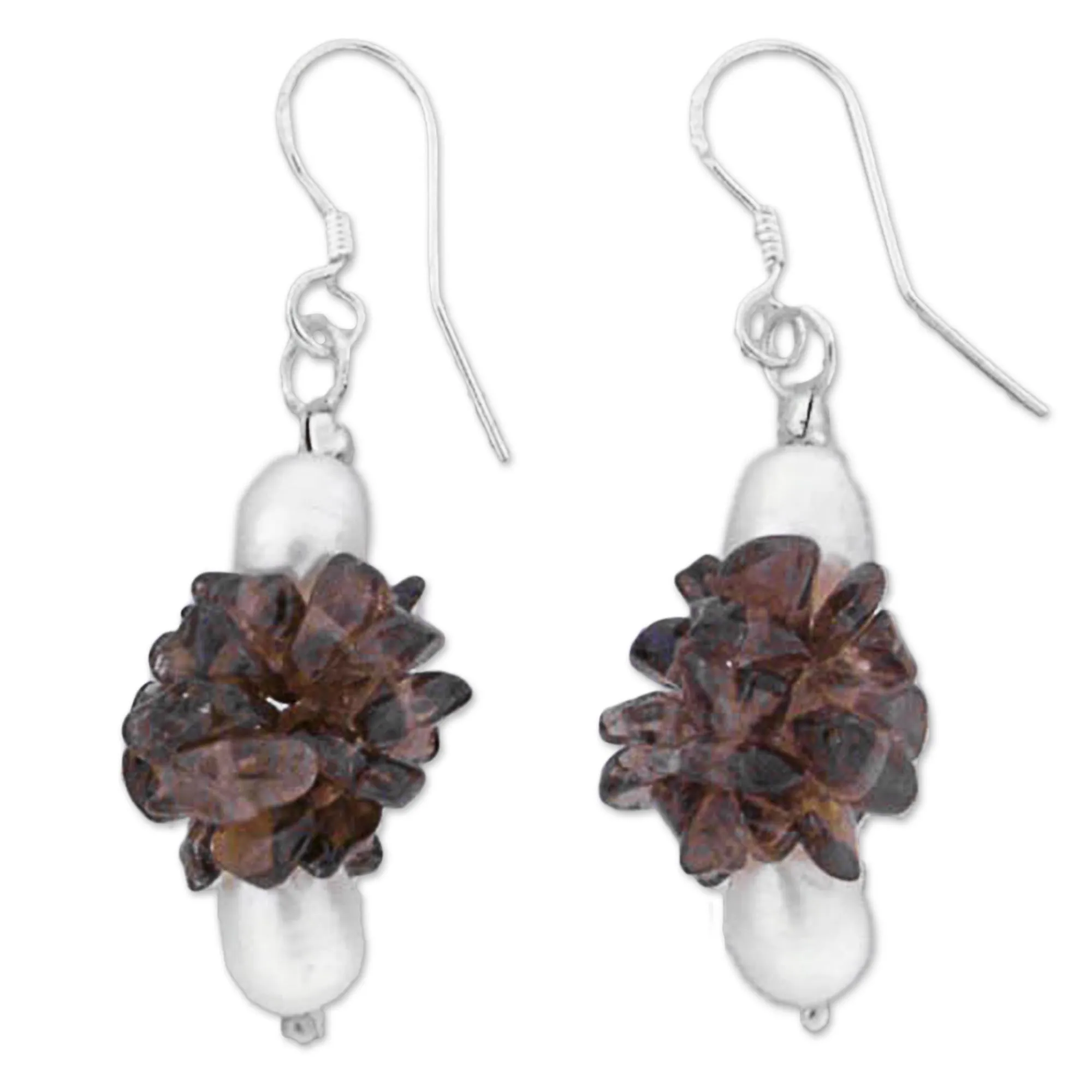 Hazy Moon Smoky Quartz & Pearl Silver Beaded Earrings