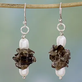 Hazy Moon Smoky Quartz & Pearl Silver Beaded Earrings
