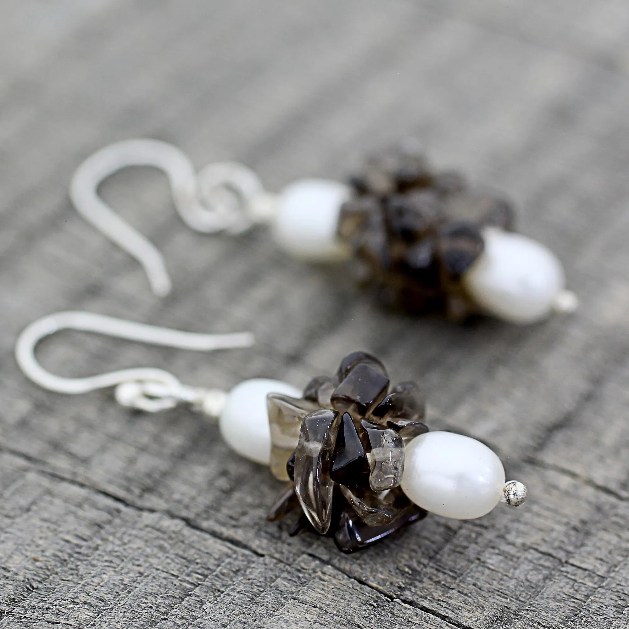 Hazy Moon Smoky Quartz & Pearl Silver Beaded Earrings