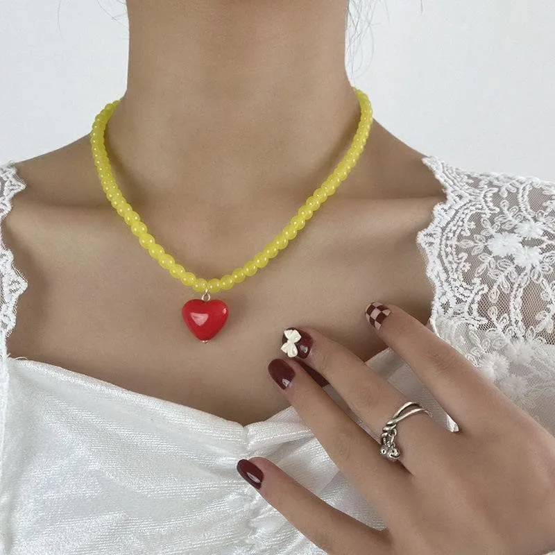 Heart pendant beaded multicolor necklace