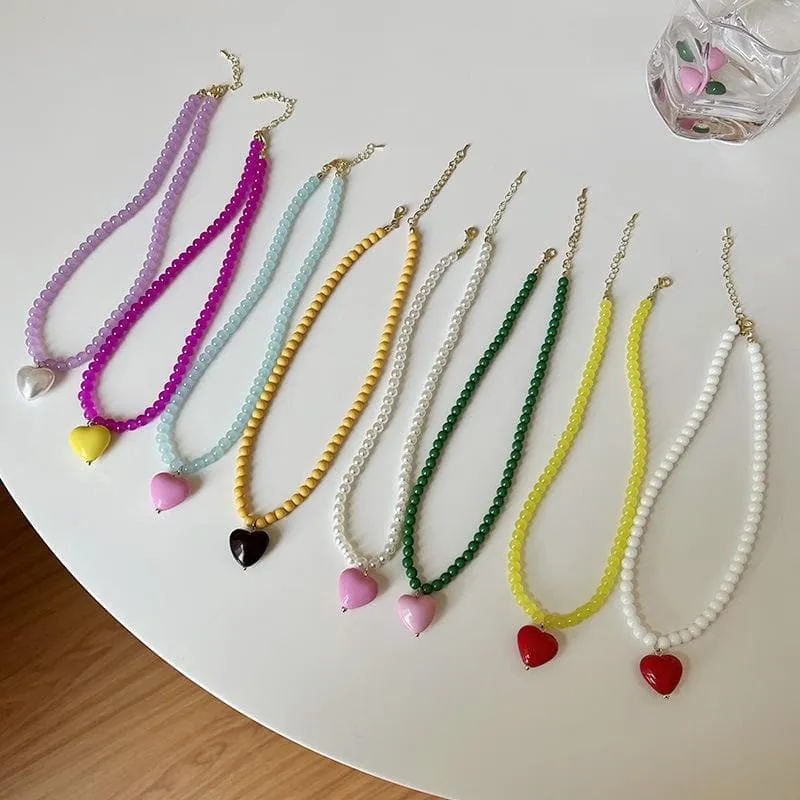 Heart pendant beaded multicolor necklace