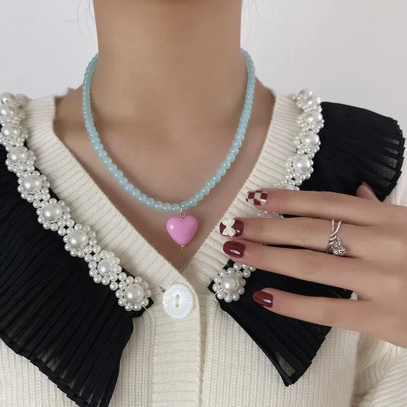 Heart pendant beaded multicolor necklace