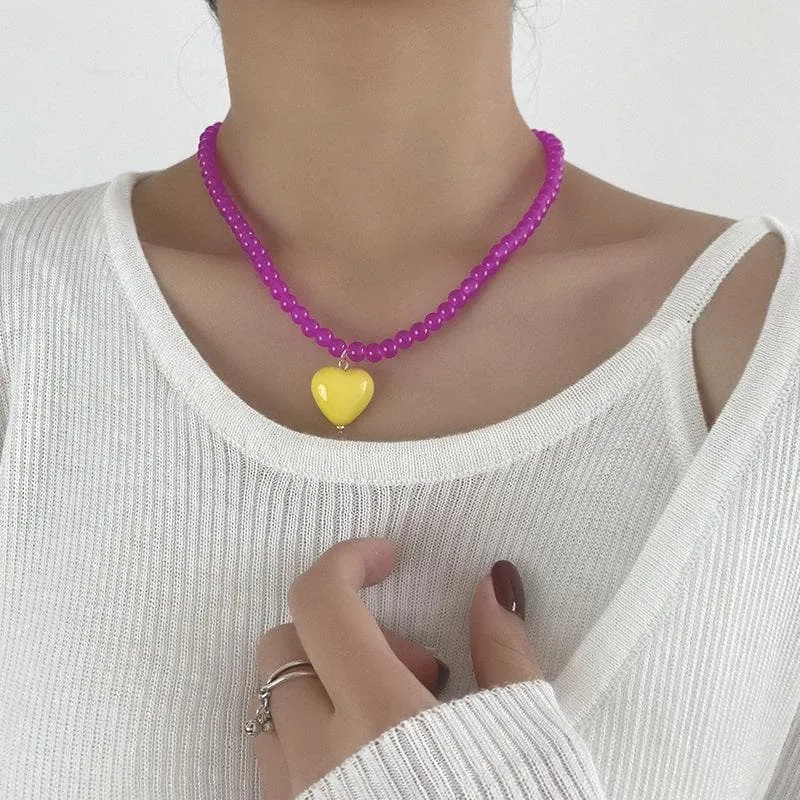 Heart pendant beaded multicolor necklace