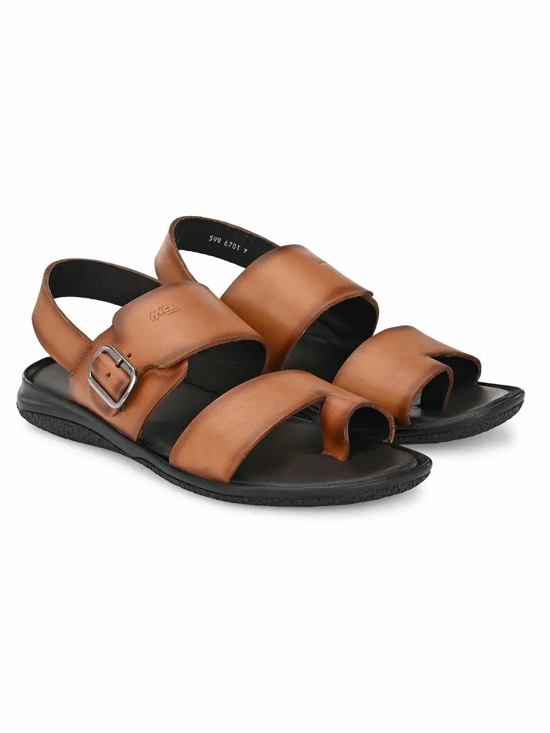 Hitz Men's Tan Leather Toe Ring Sandals with Buckle Closure