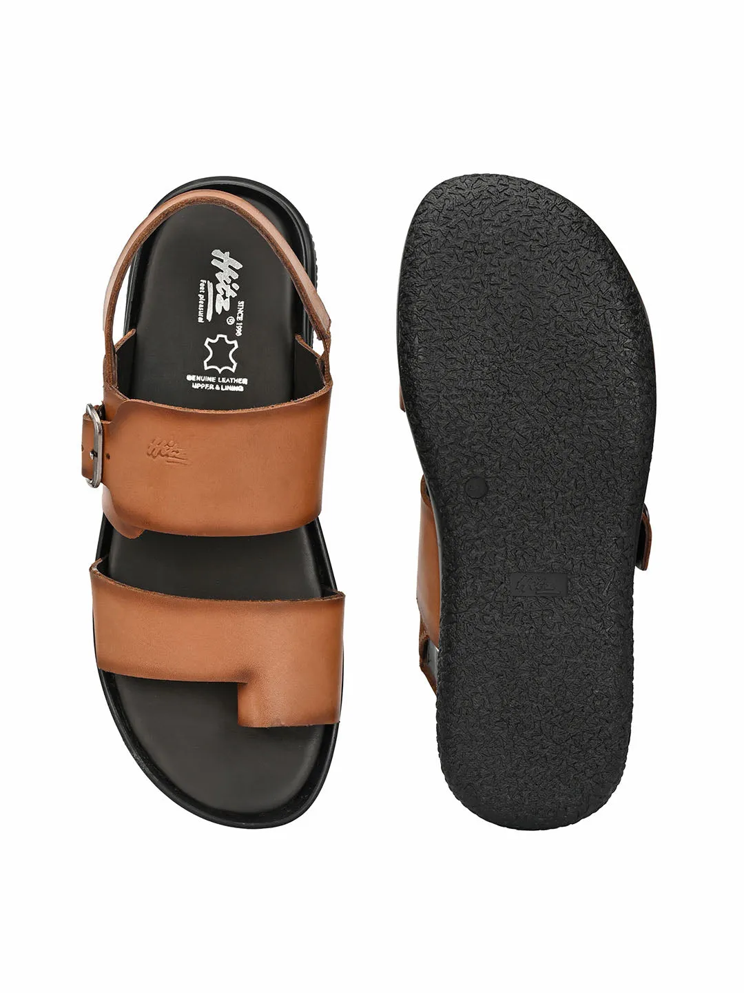 Hitz Men's Tan Leather Toe Ring Sandals with Buckle Closure