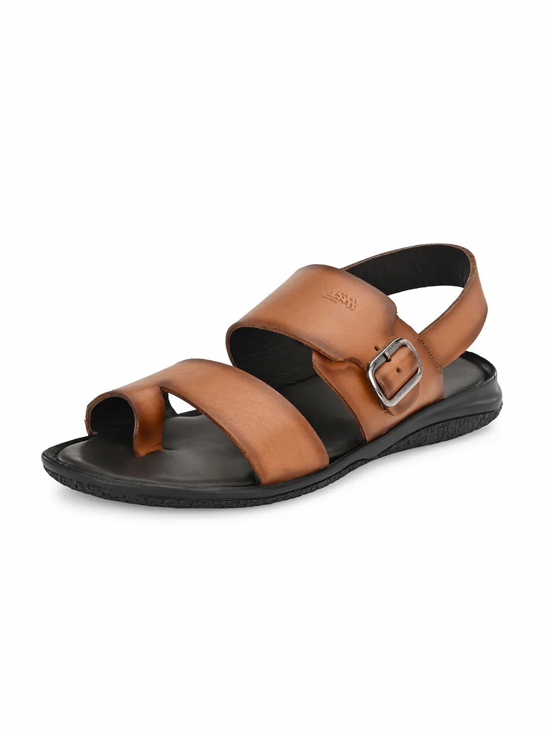 Hitz Men's Tan Leather Toe Ring Sandals with Buckle Closure