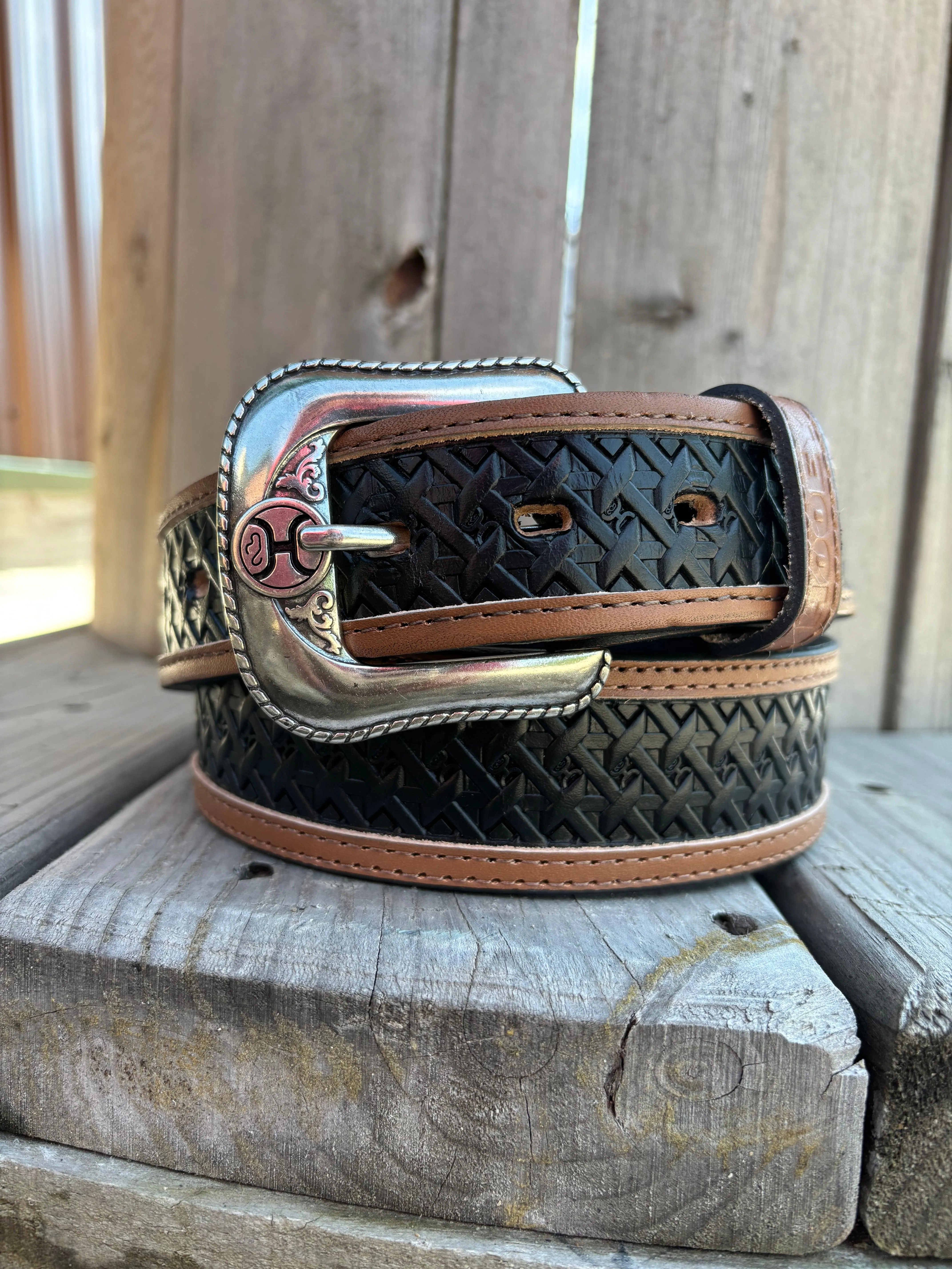 Hooey Hands-Up Basket Weave Classic Tapered Leather Belt HMBLT064