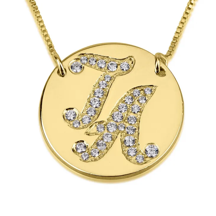 Initial Disc Necklace with Cubic Zirconia - 24k Gold Plated