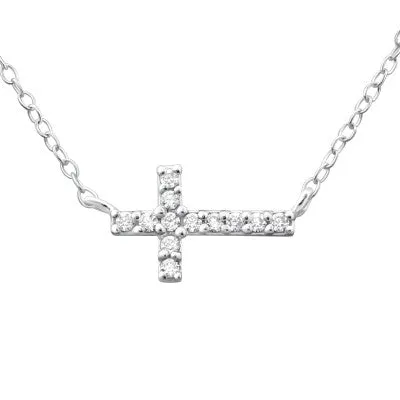 Inline crystall crucifix Silver Jewelled Necklace