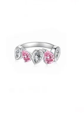 Irregular Pear Shape Ring, Pink Zircon .925 Sterling Silver Front Eternity Statement Ring