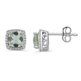 Jewelili Sterling Silver With Checkerboard Cushion Green Quartz and Round Created White Sapphire Stud Earrings
