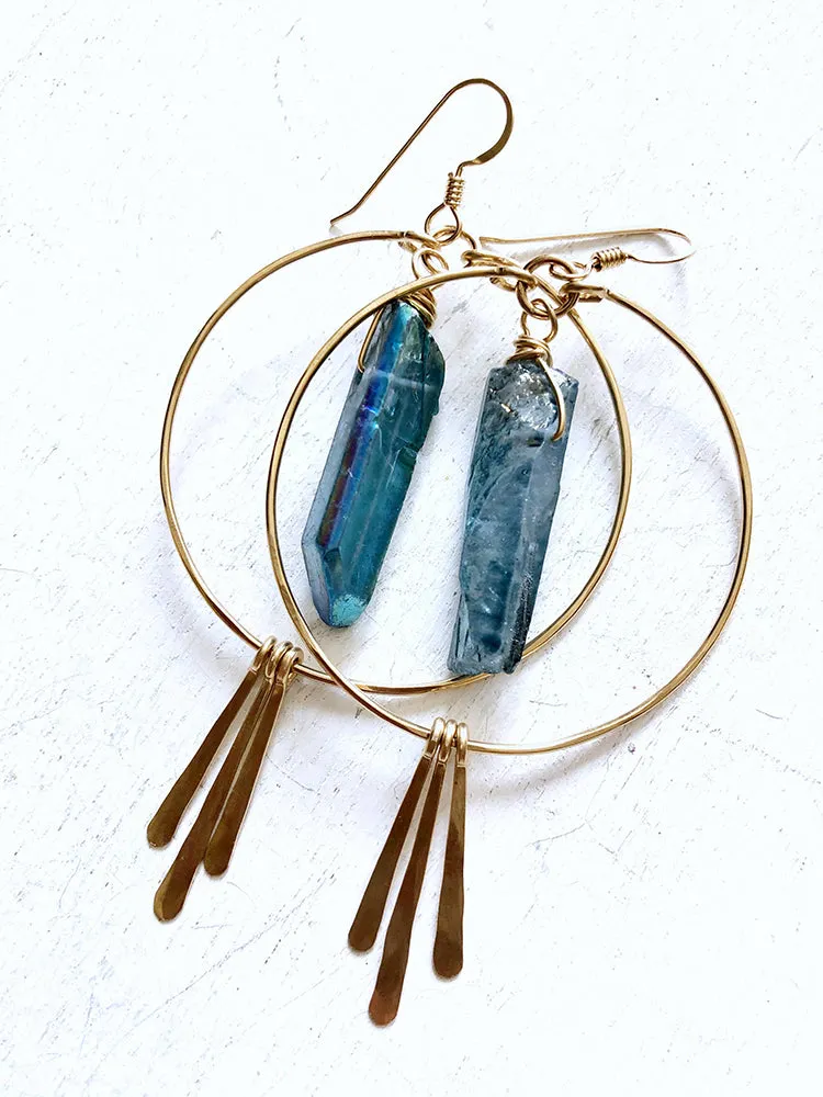 Large Quartz Crystal Hoop Earrings with Spikes