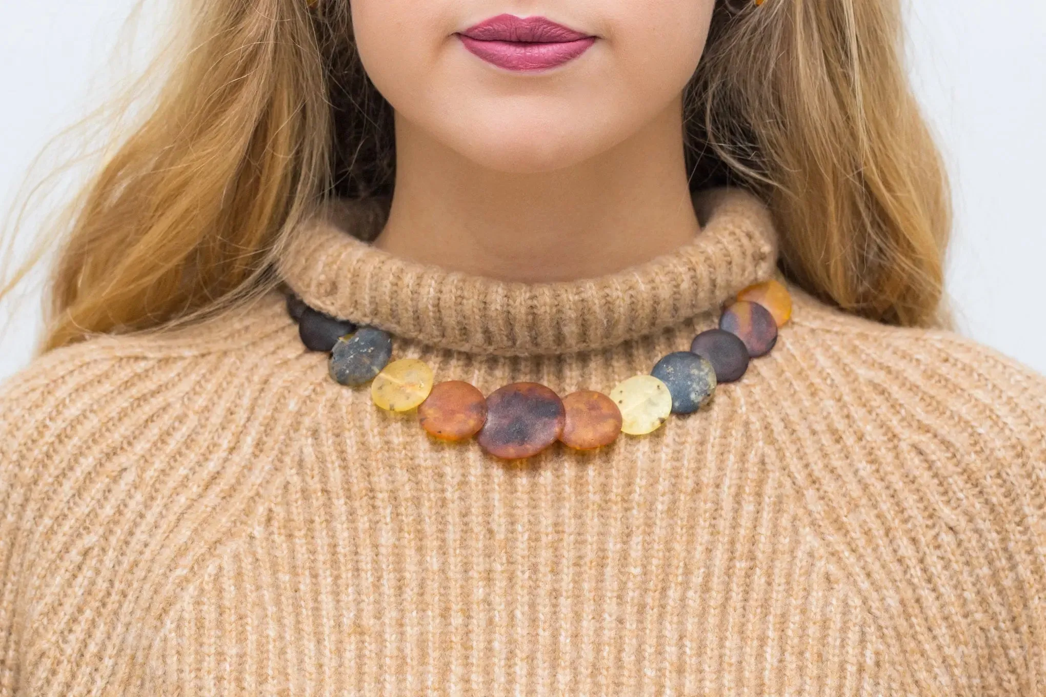 Large Round Amber Bead Necklace, Multicolour Stone Necklace