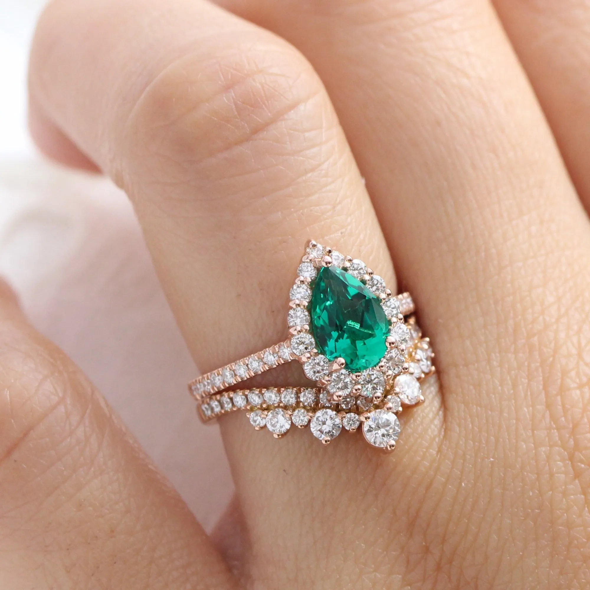 Large Tiara Halo Pave Ring Set w/ Pear Emerald and V Shaped Diamond Band
