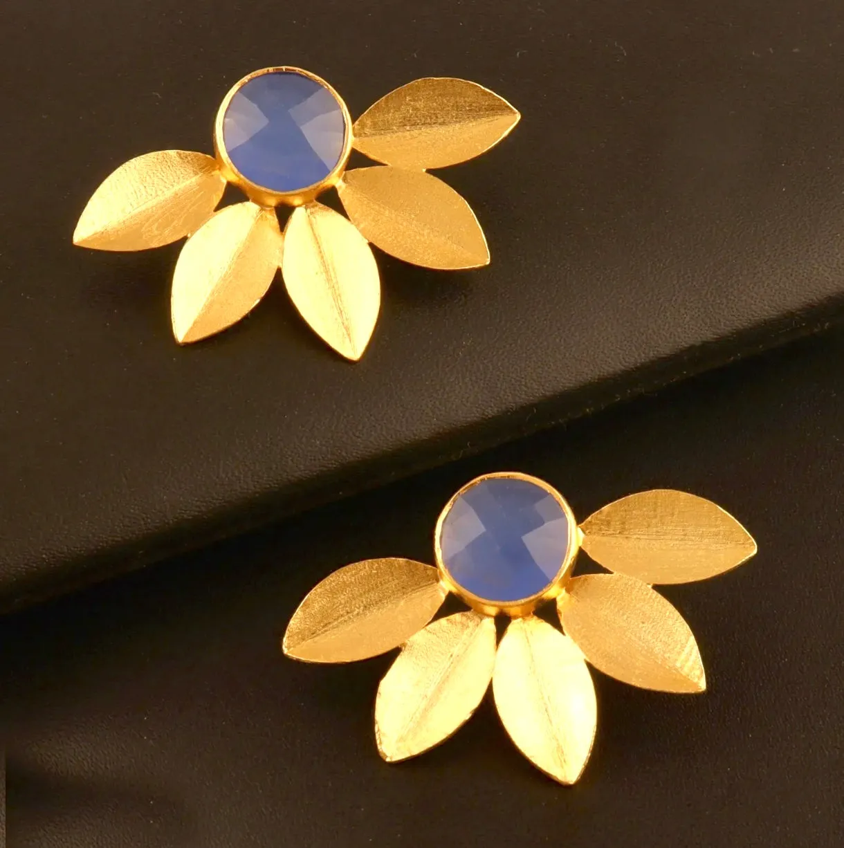 Leaf Design 18k Brushed Gold Vermeil Chalcedony Gemstone Studs 1.5”