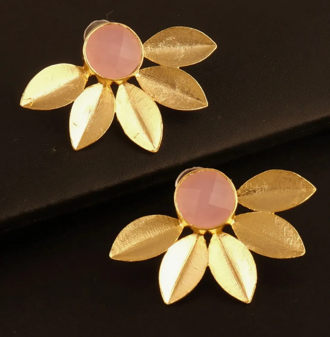 Leaf Design 18k Brushed Gold Vermeil Chalcedony Gemstone Studs 1.5”