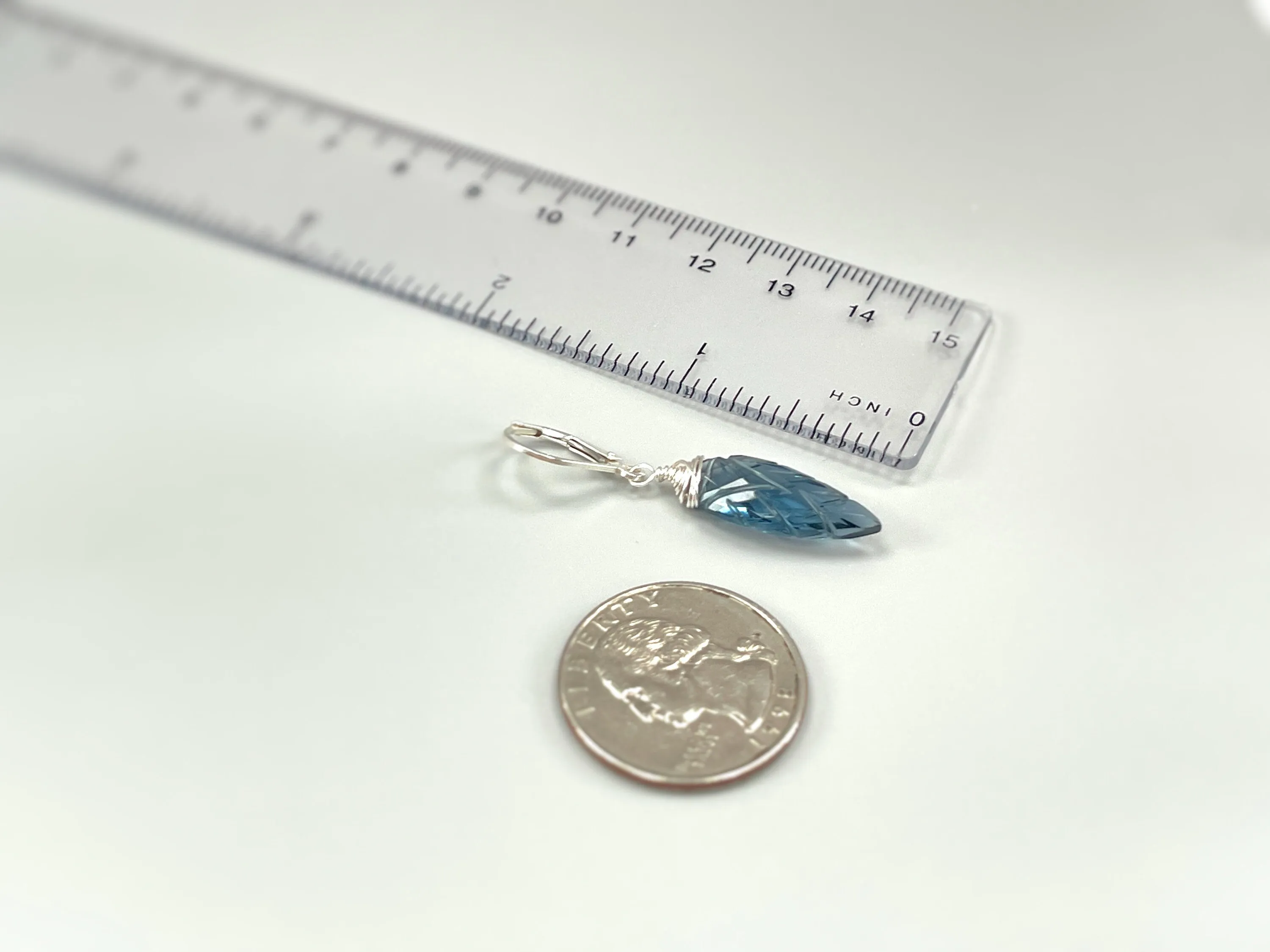 London Blue Topaz Quartz earrings dangle, Sterling Silver, solid 14k gold, Gold Feather
