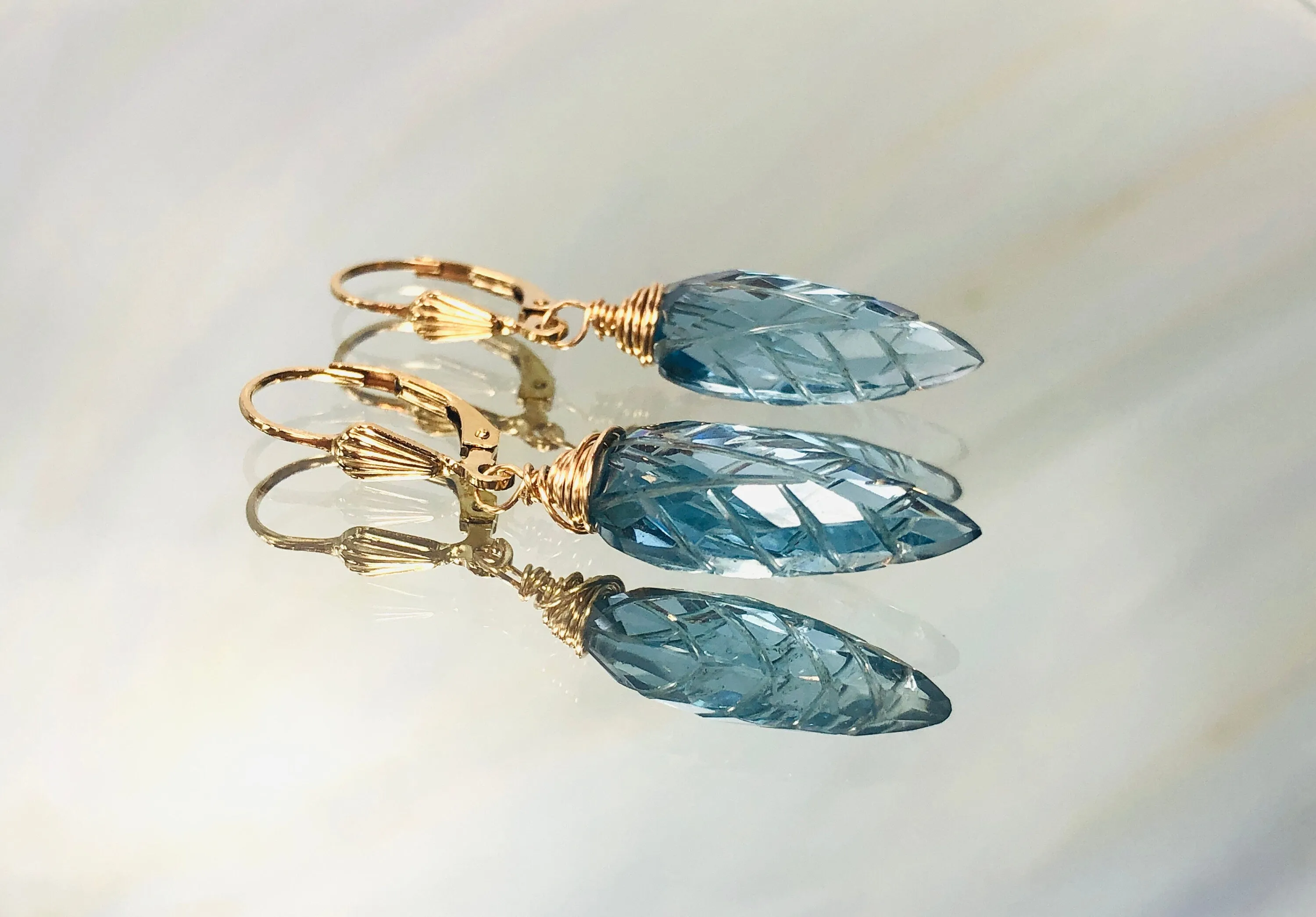 London Blue Topaz Quartz earrings dangle, Sterling Silver, solid 14k gold, Gold Feather