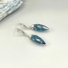 London Blue Topaz Quartz earrings dangle, Sterling Silver, solid 14k gold, Gold Feather