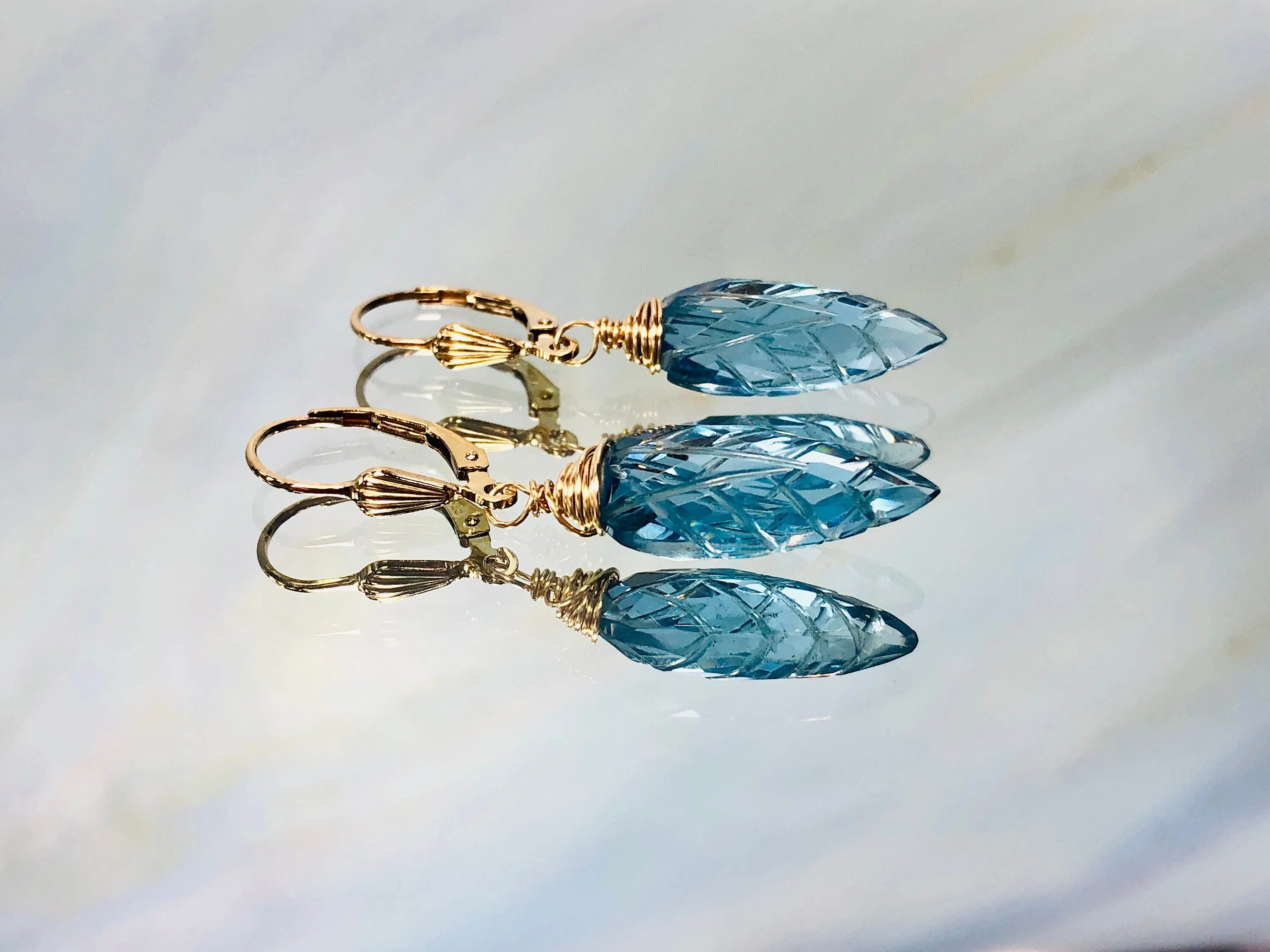 London Blue Topaz Quartz earrings dangle, Sterling Silver, solid 14k gold, Gold Feather