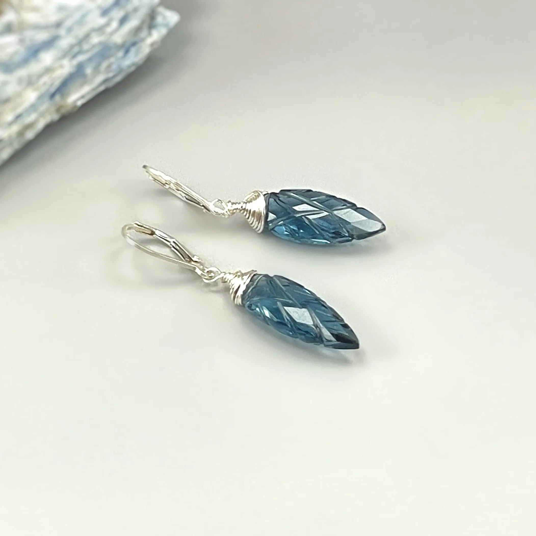 London Blue Topaz Quartz earrings dangle, Sterling Silver, solid 14k gold, Gold Feather