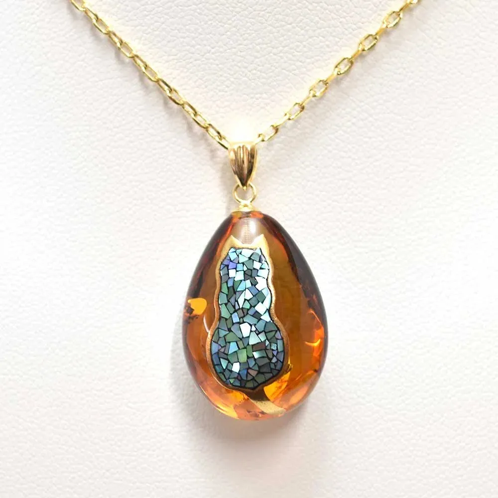 Maki-e Urushi Lacquer Pendant Necklace - Amber / Cherry Blossom -, Traditional Japanese Urushi Lacquer Jewelry