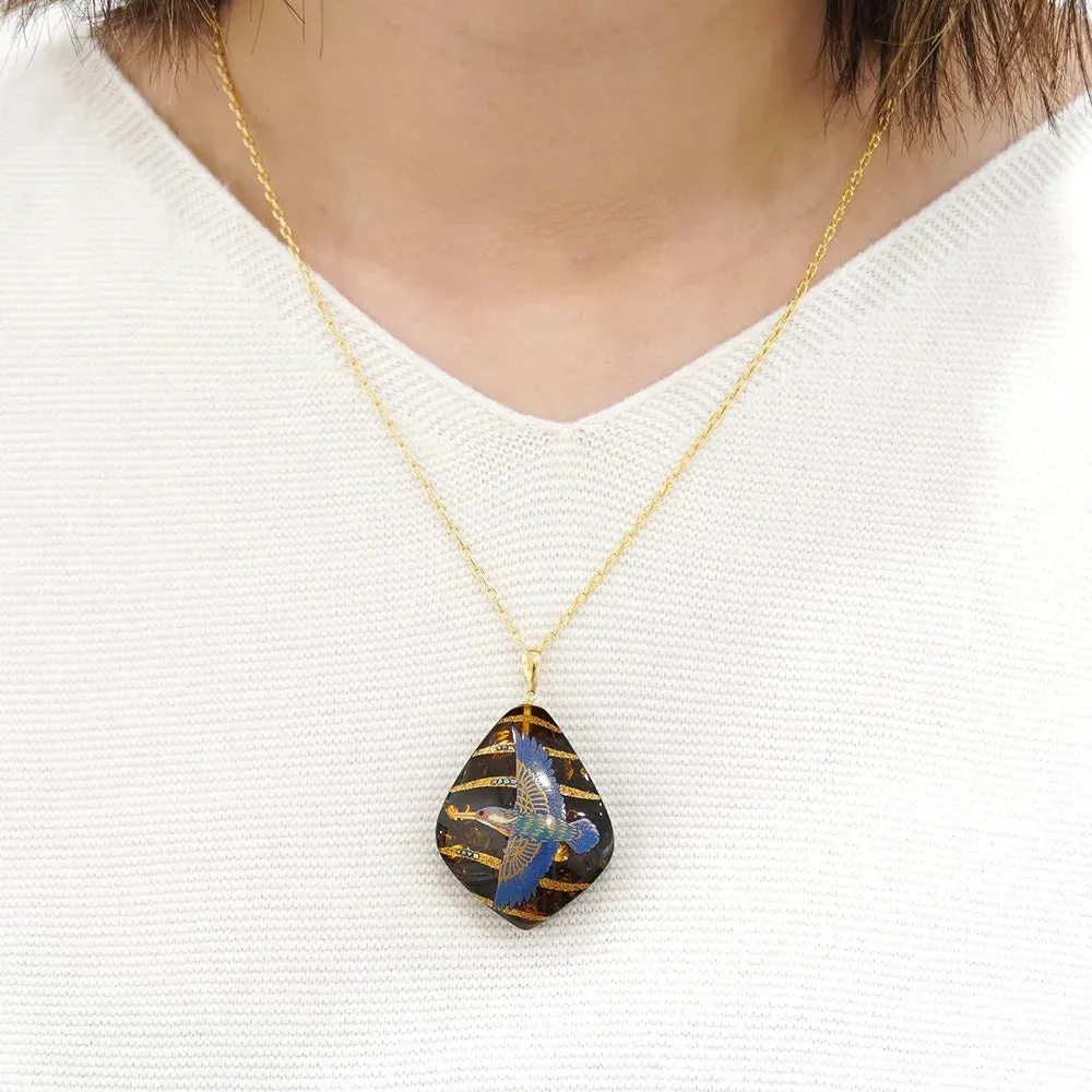 Maki-e Urushi Lacquer Pendant Necklace - Amber / Kingfisher -, Traditional Japanese Urushi Lacquer Jewelry